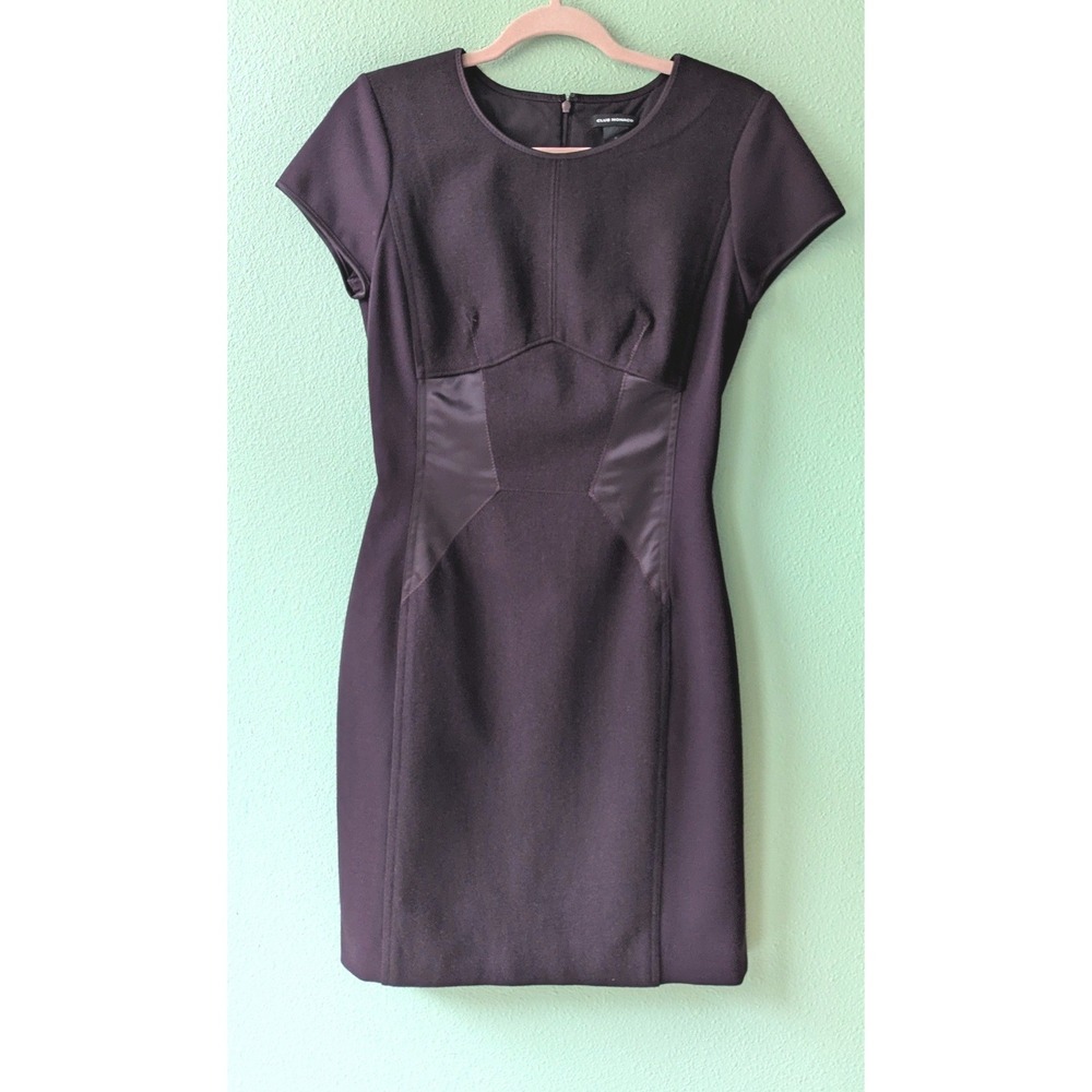 Club Monaco Burgundy Wool Blend Satin Panel Pencil Dress Size 6 Fitted Mini
